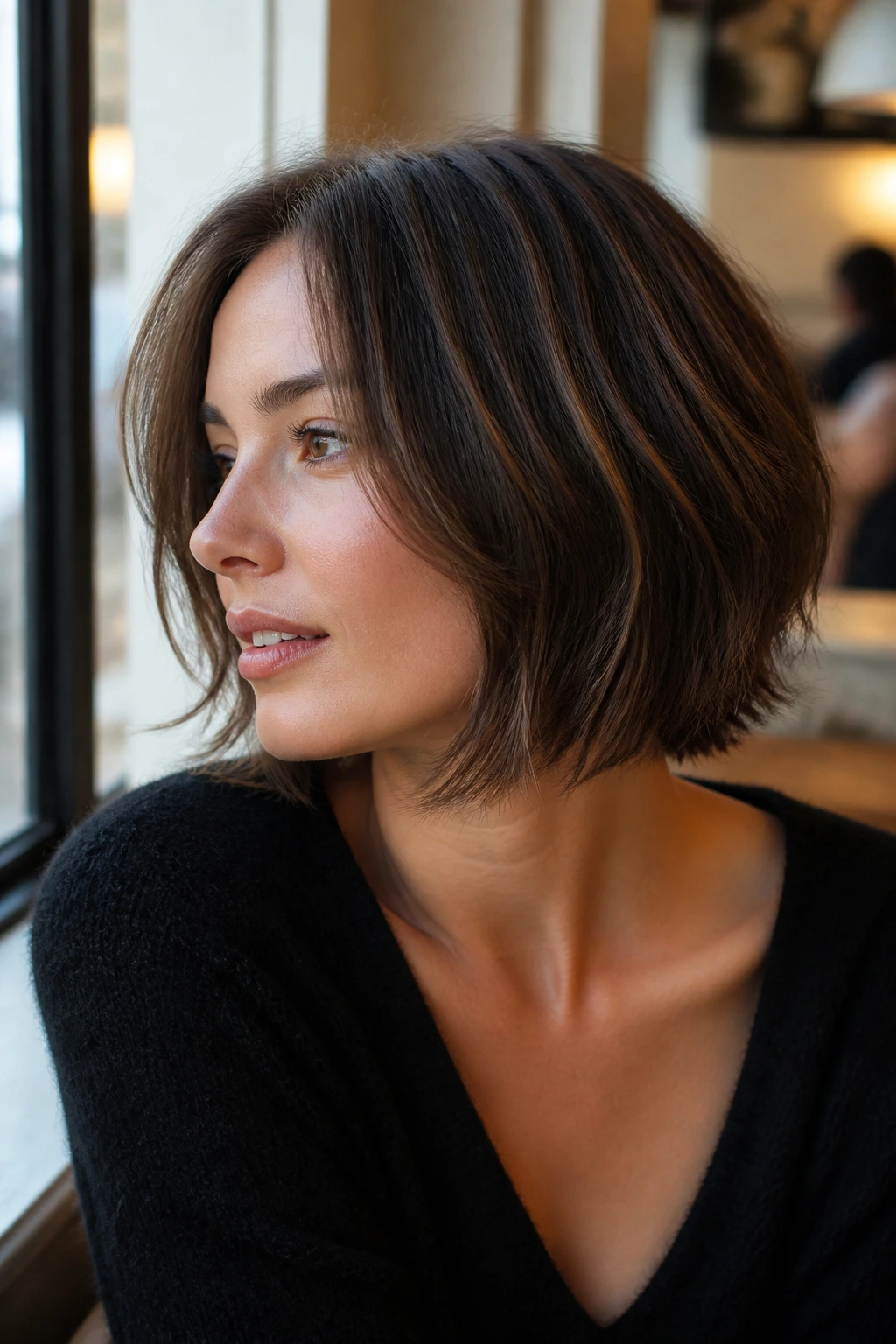 Portrait of a real woman with a razored bob and airy ends in cafe window light