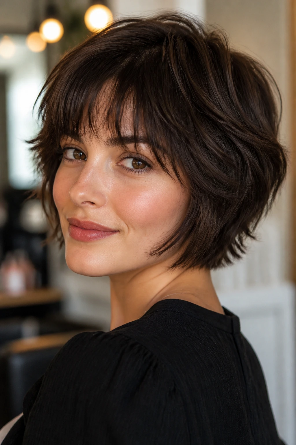 Real person with razored bob and feathered bangs portrait