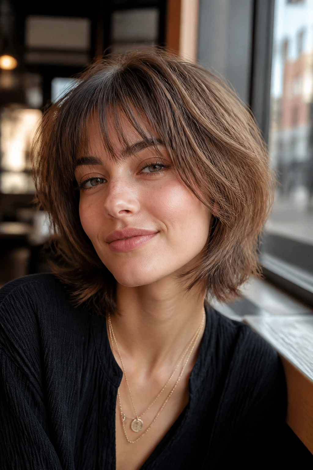 Close-up of a real woman with a razor-cut feathered bob and fringe in cafe daylight