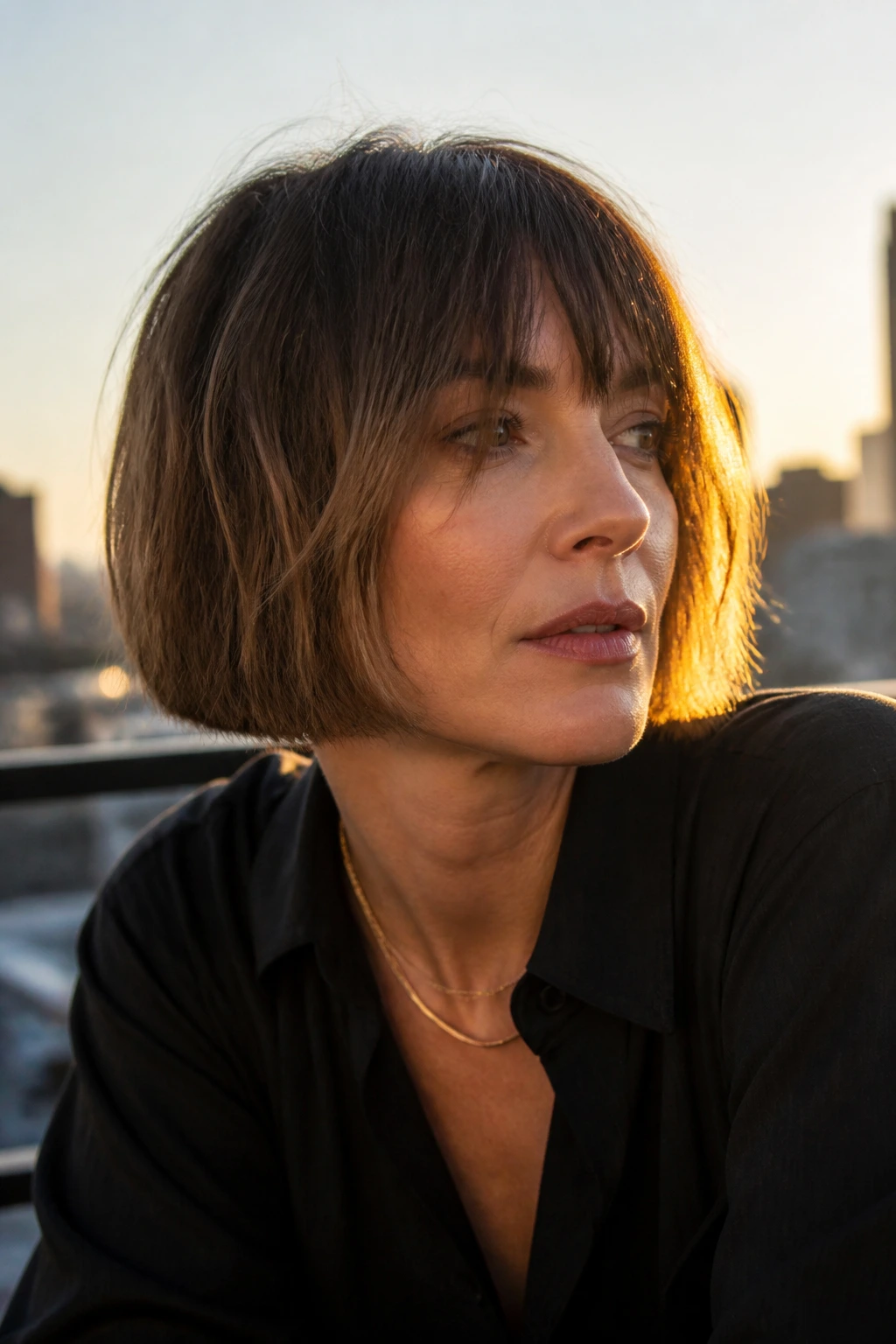 Portrait of a real woman with razor-cut bob and grown-out fringe in golden hour light