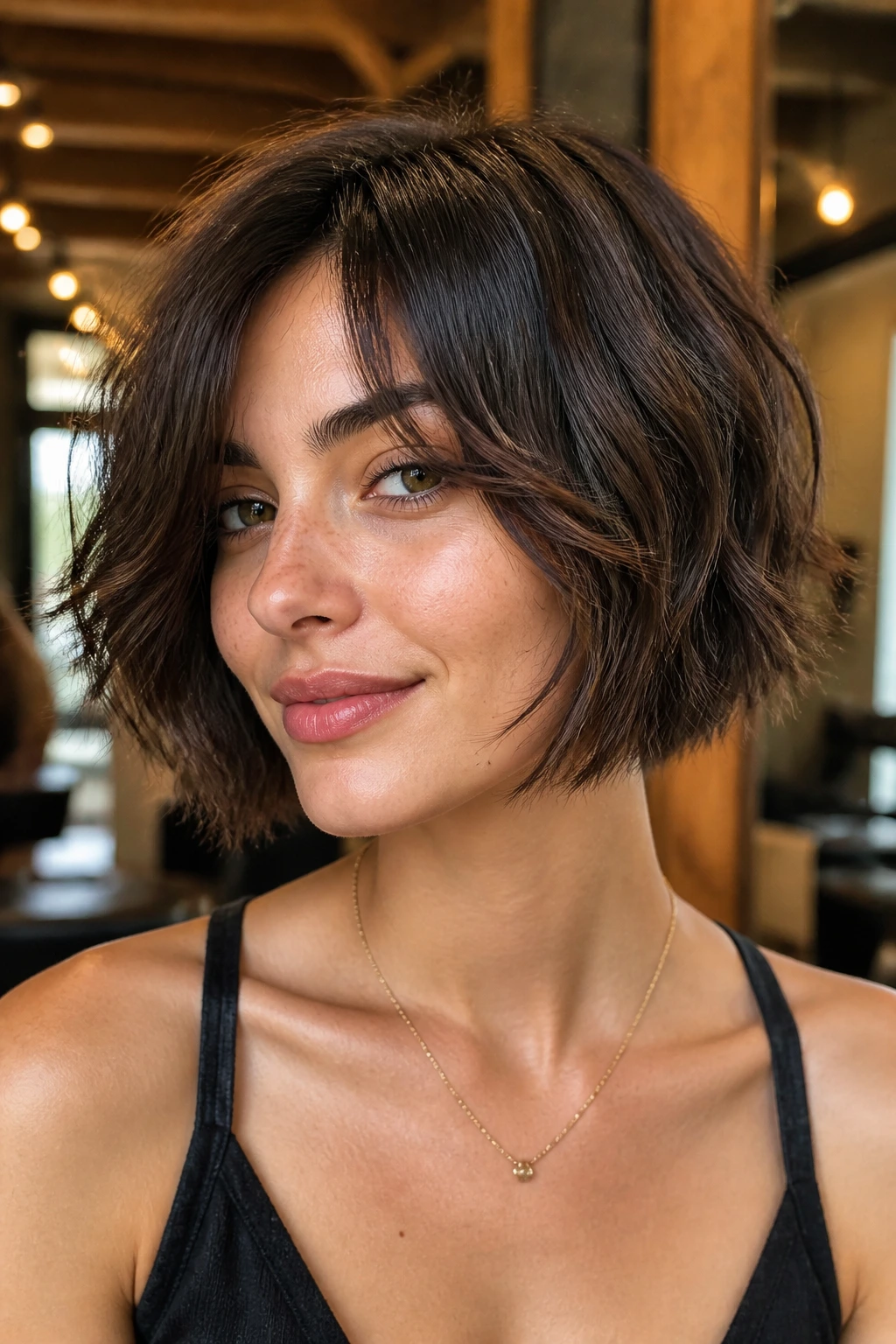 Close-up of a real woman with razor-cut wavy bob and piecey ends in warm salon lighting