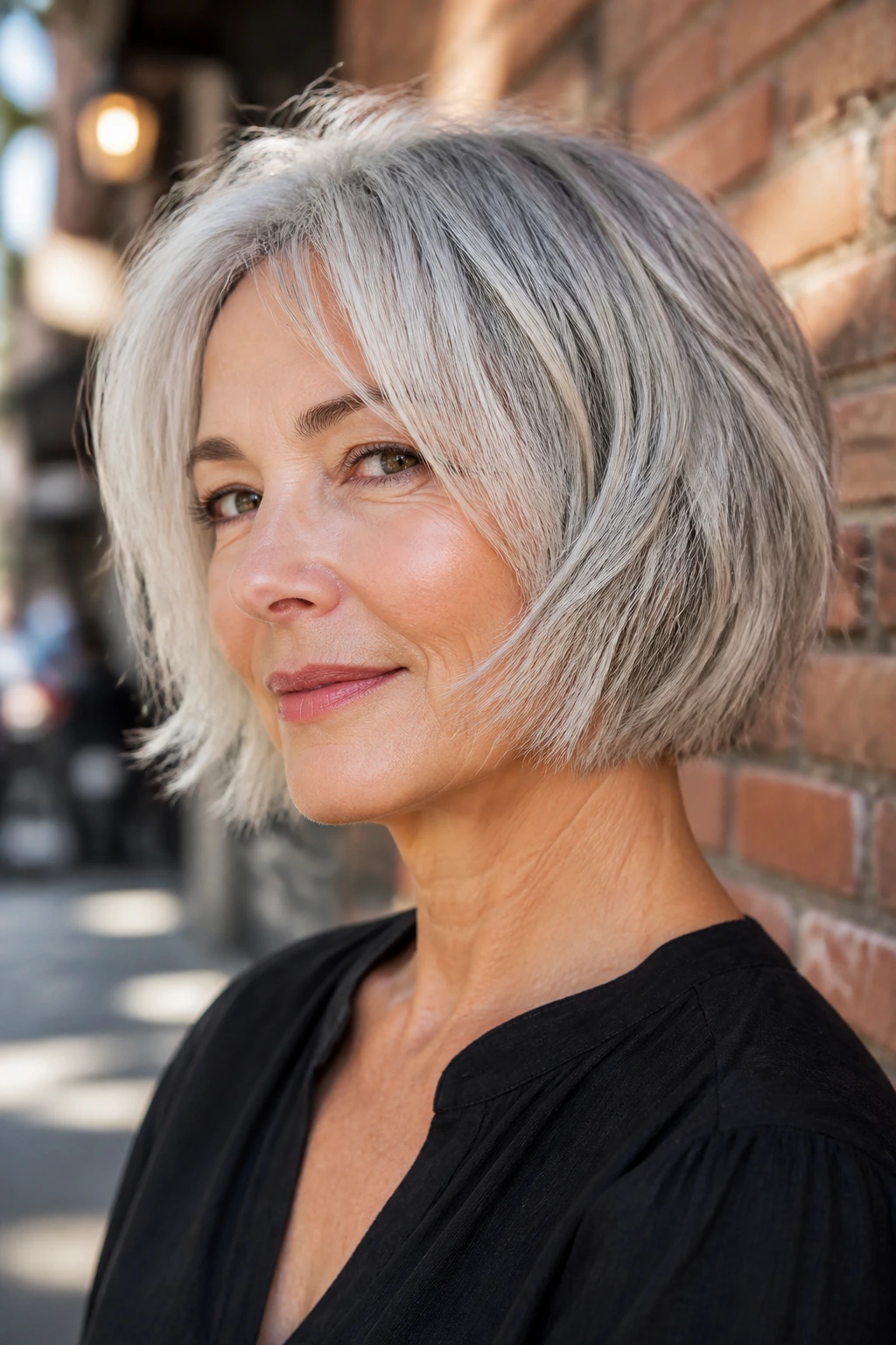 Portrait of a real woman with razored bob and piecey ends in silver