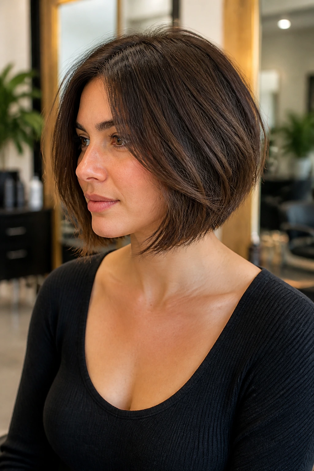 Close-up portrait of a real woman with a razored bob for thick hair in a salon