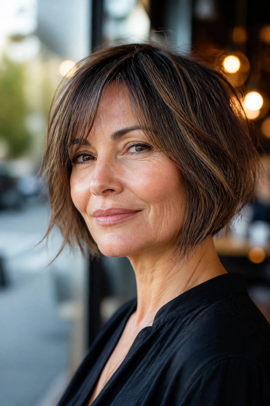 Close-up of a real woman with a razored bob and wispy ends, cafe light