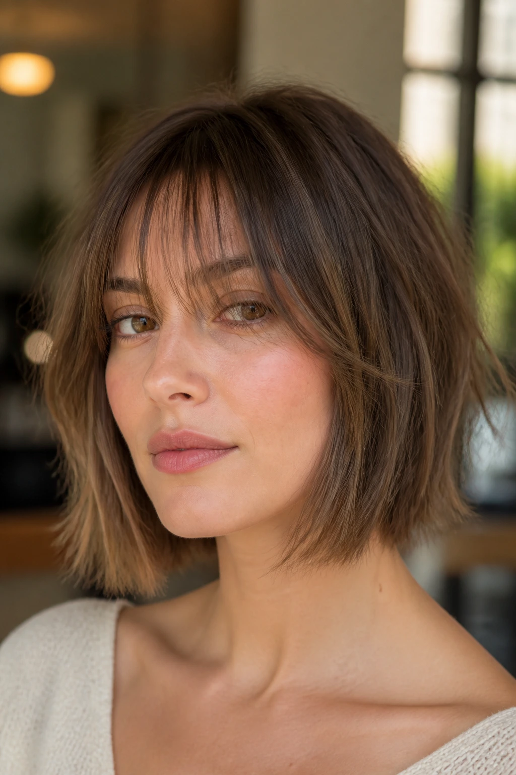 Portrait of a real woman with razored bob and wispy fringe in soft light