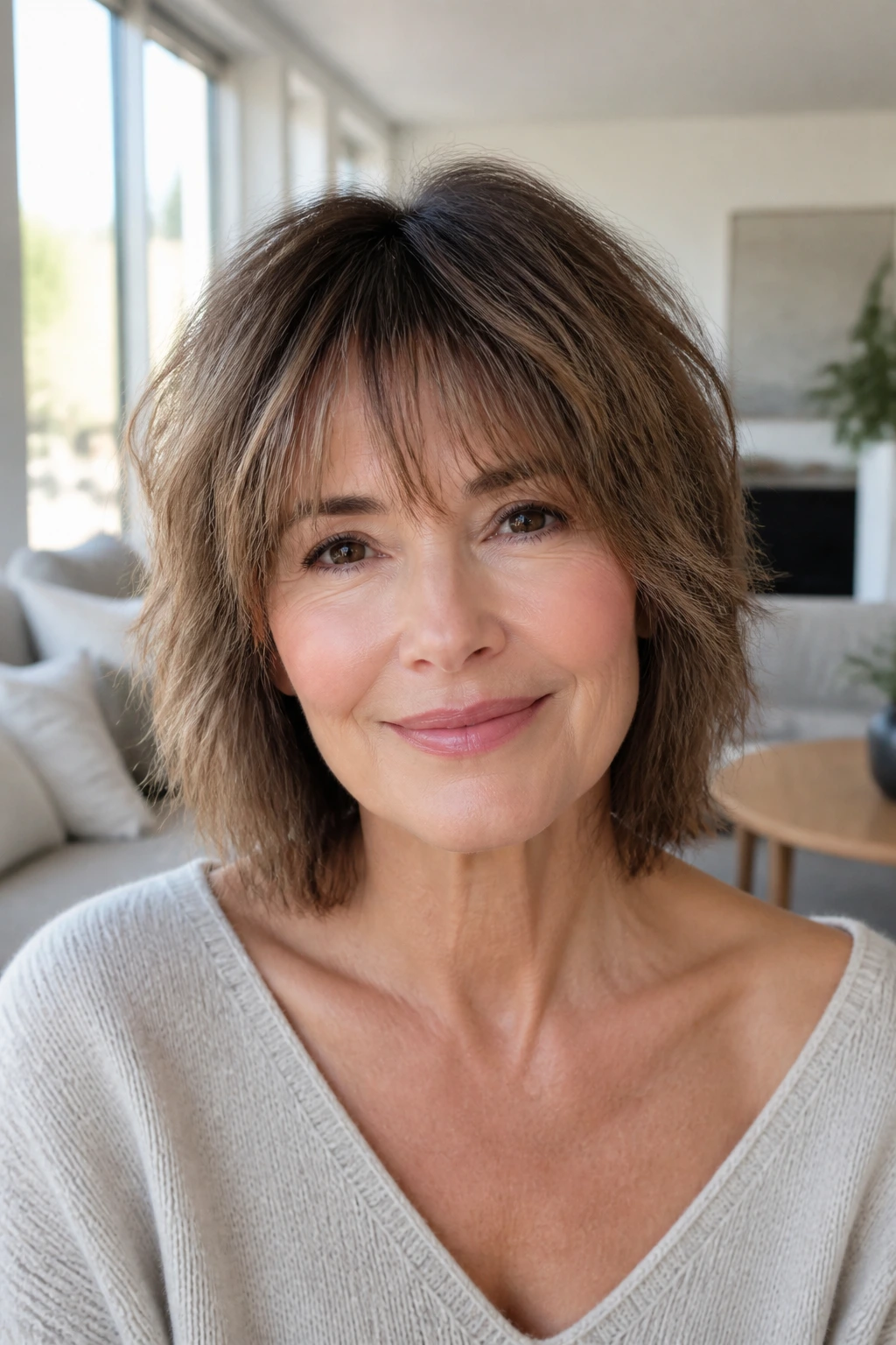 Close-up of a real woman with razored choppy bangs on dense hair
