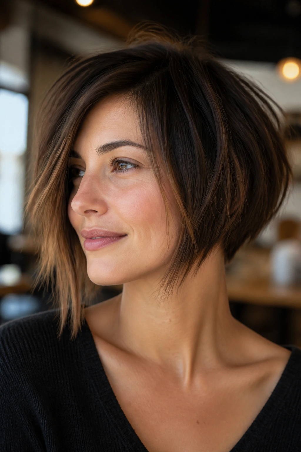 Close-up of a woman with razor-cut asymmetrical bob in a cafe-style setting