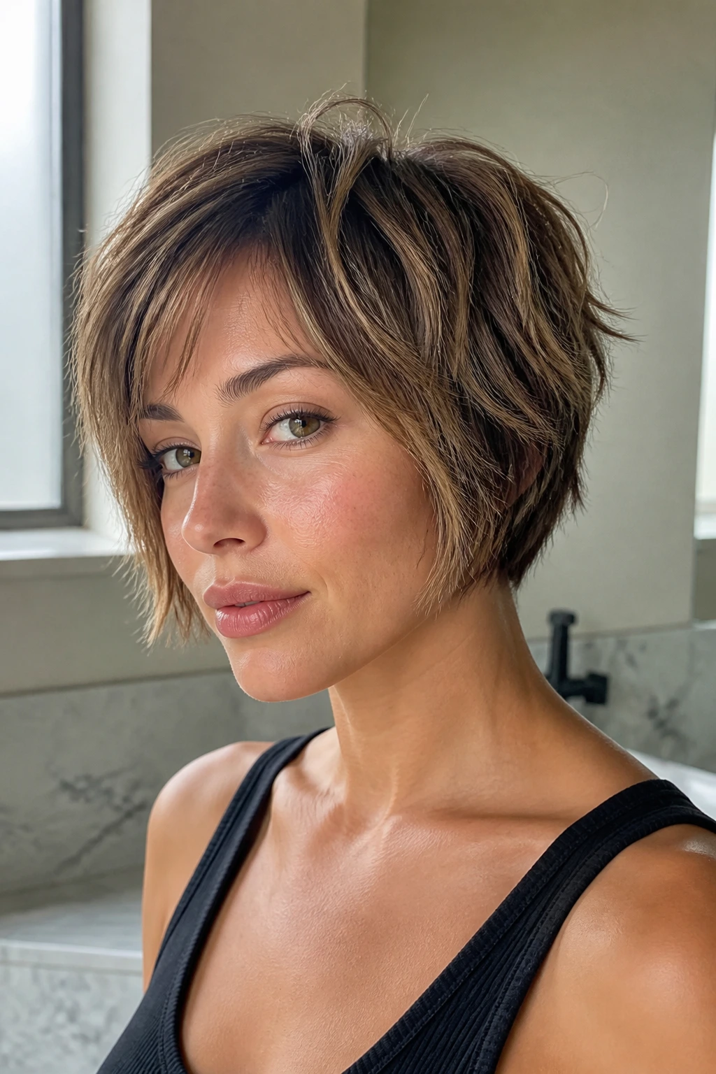 Portrait of a woman with razored choppy pixie bob