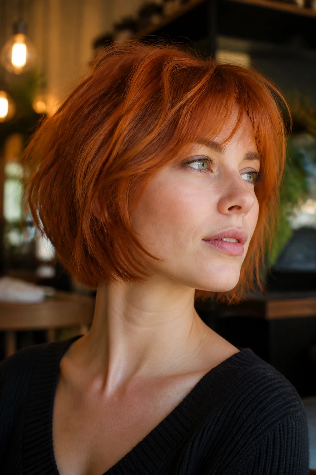 Close-up of a real person with copper razor-cut bob shag and feathered ends