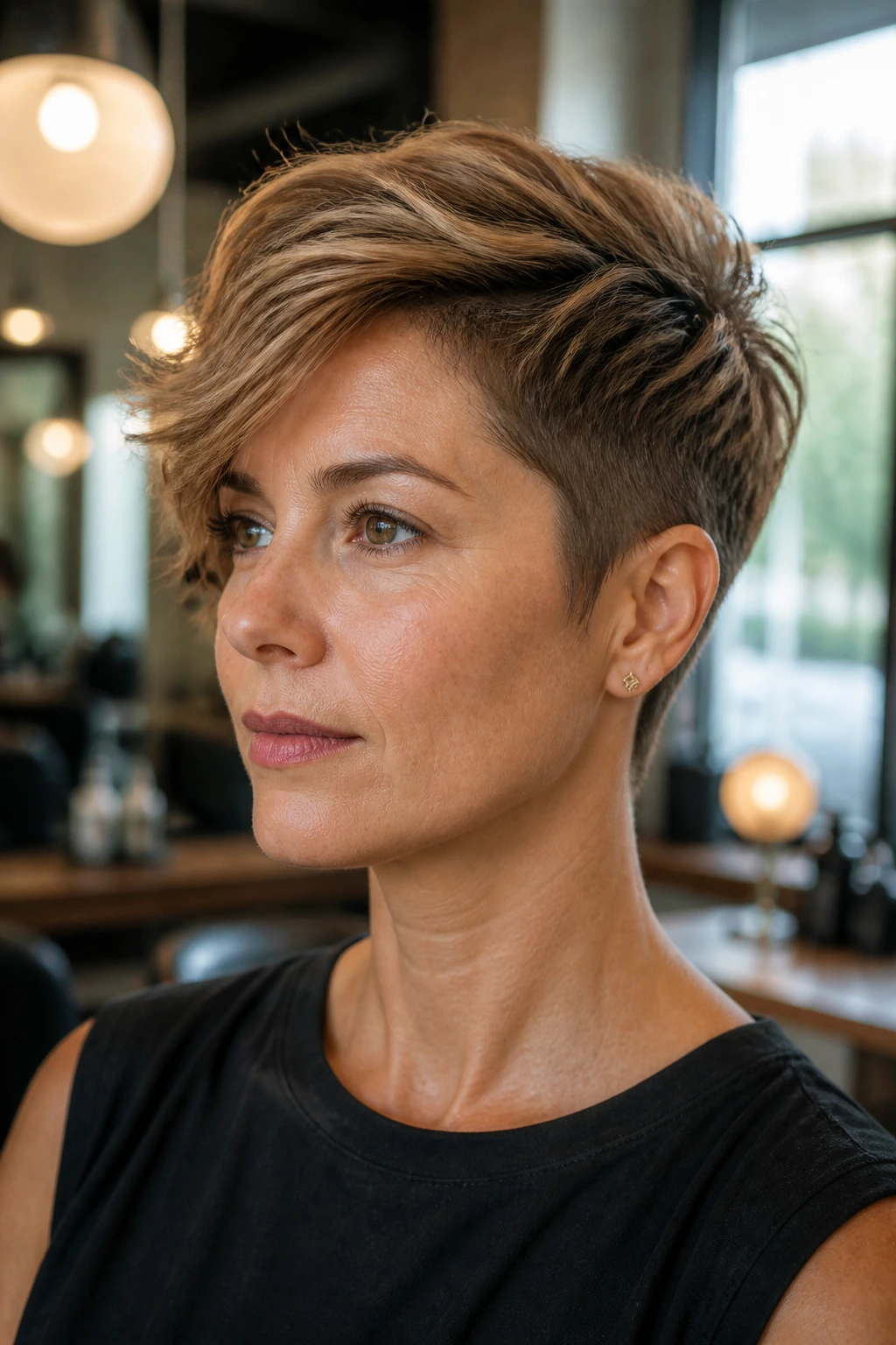 Close-up of real person with razored crop and long top hairstyle in a stylish salon