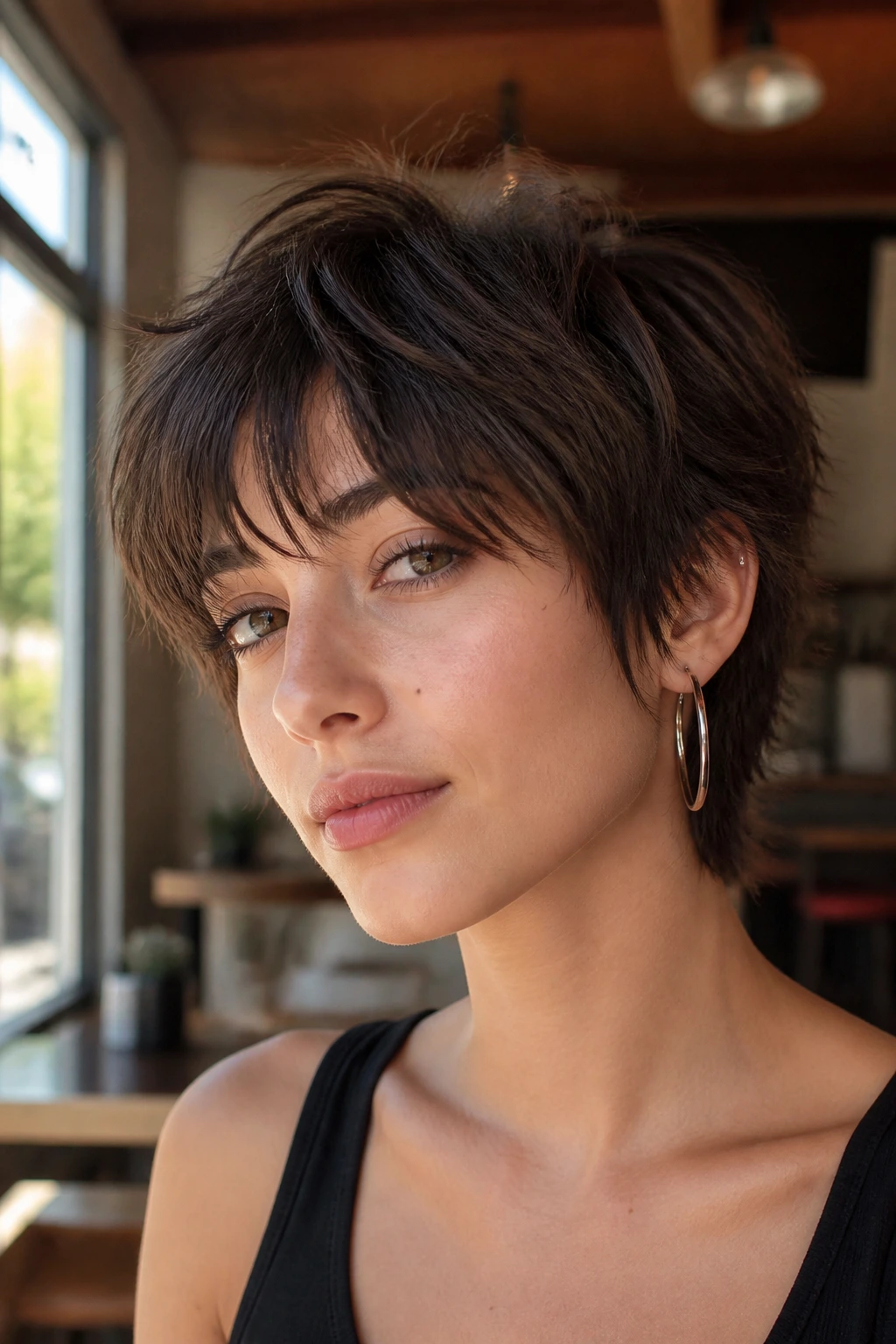 Portrait of a real person with Razored Crop Shag featuring a crisp perimeter and feathered top in a cafe setting