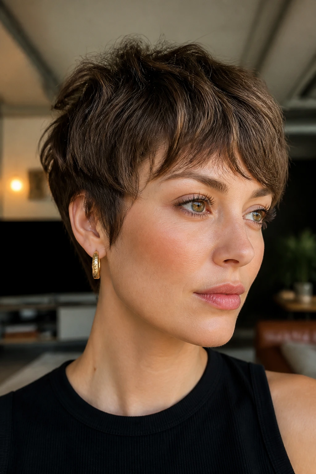 Close-up of a real person with an ear-length razored crop.