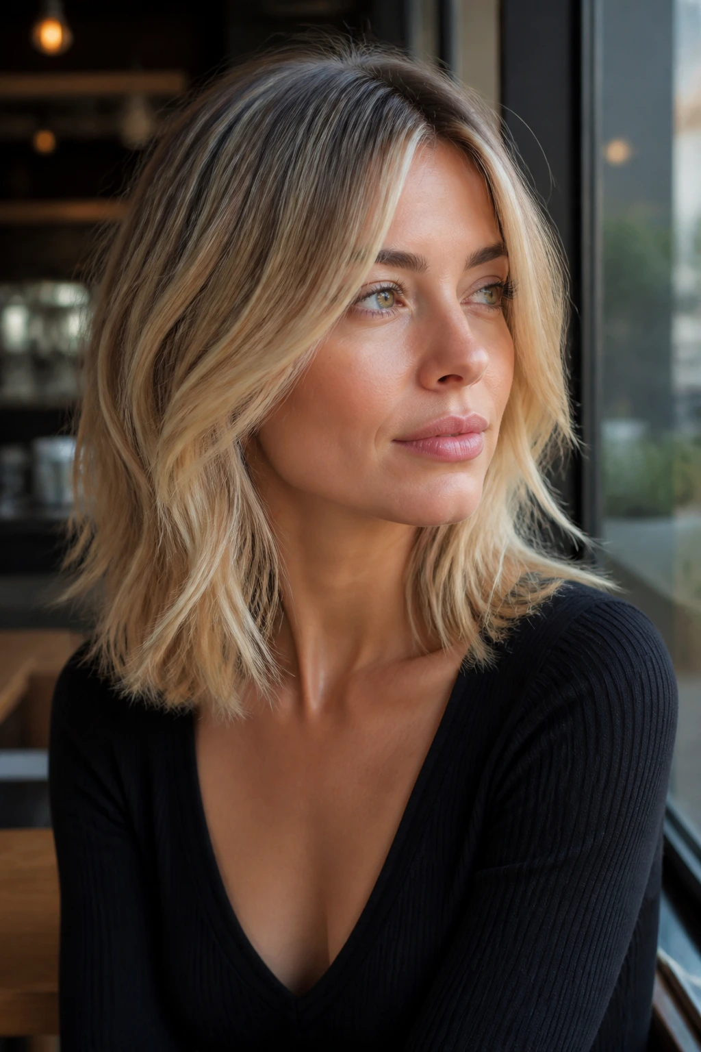 Portrait of a real woman with a razored midi cut and airy ends in natural light