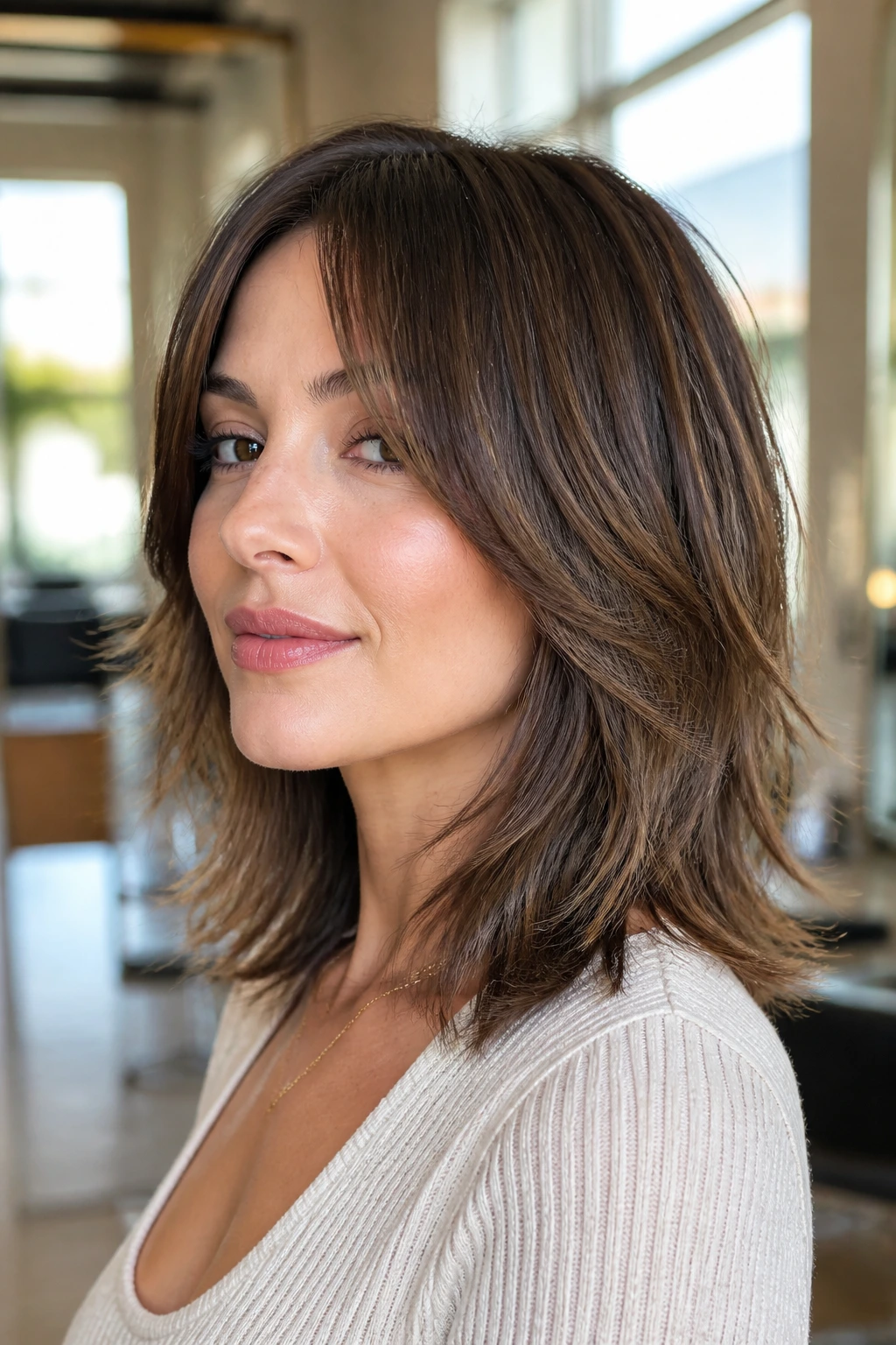 Portrait of a woman with razor-cut airy ends.