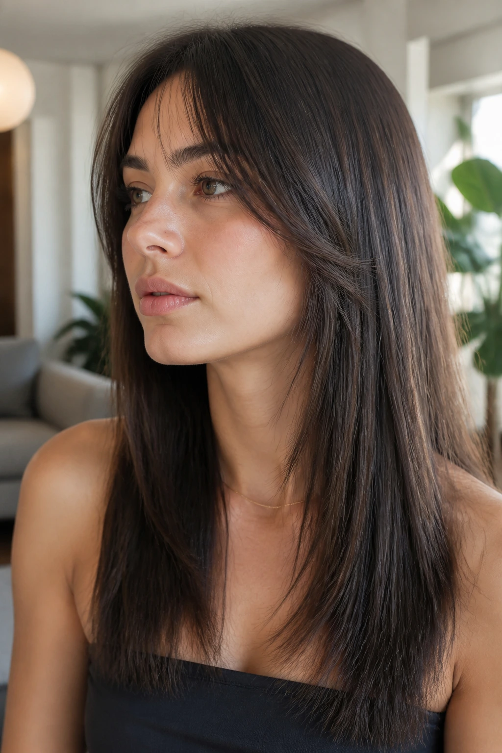 Close-up portrait of a real woman with Razored Ends With Invisible Layers