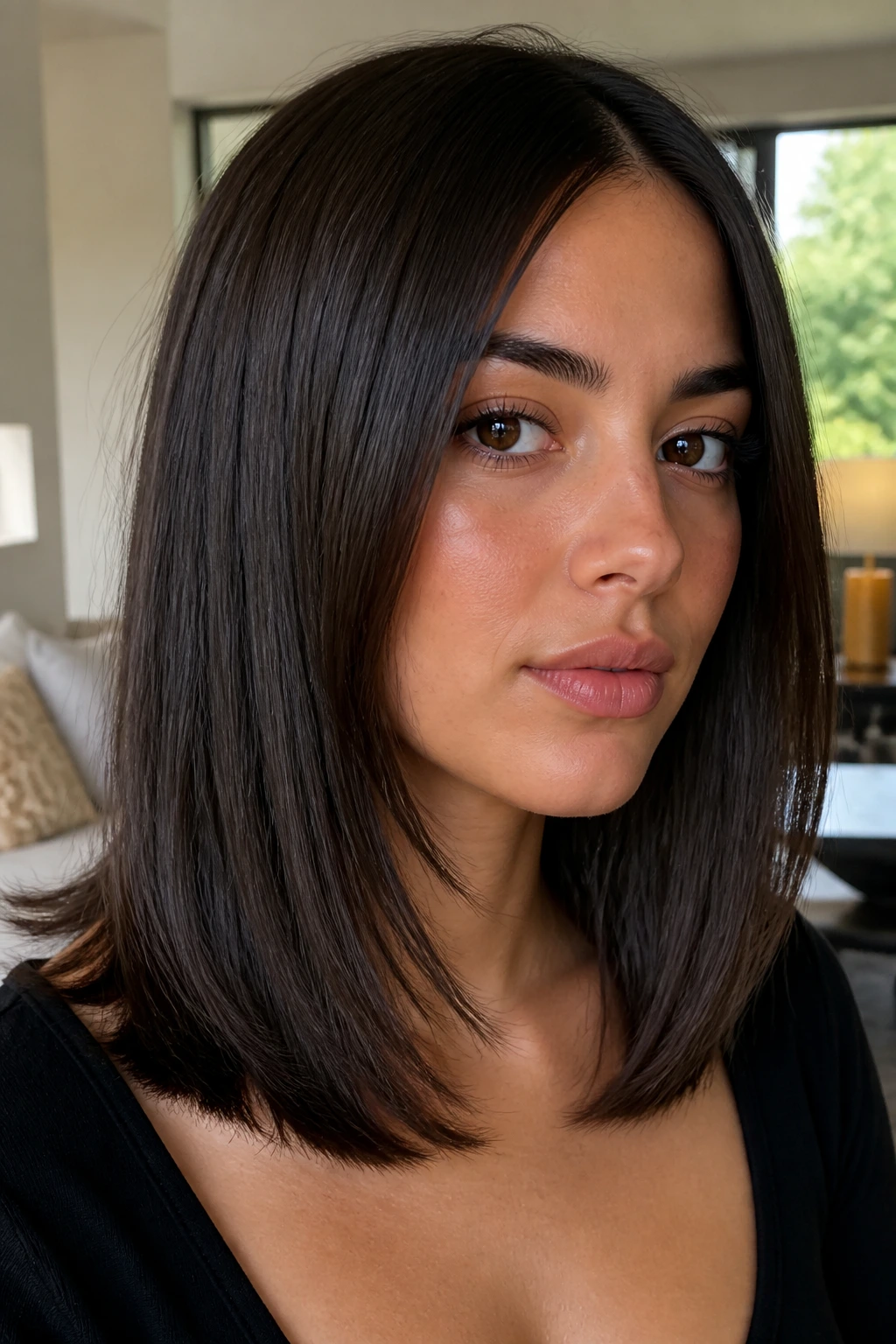 Real person with razored ends and a polished base on straight hair in warm living room light