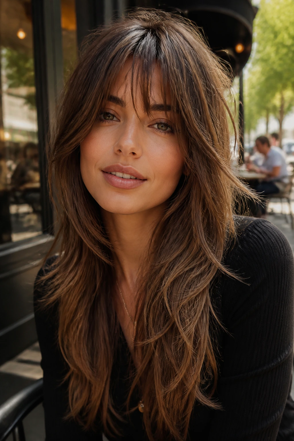 Close-up portrait of a real woman with razored ends and textured bangs