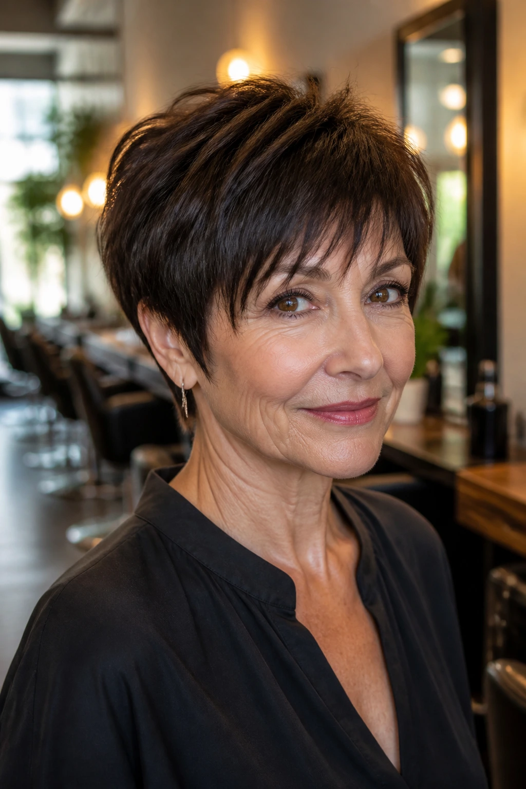 Close-up of a real woman with razored espresso crop showing airy end definition.