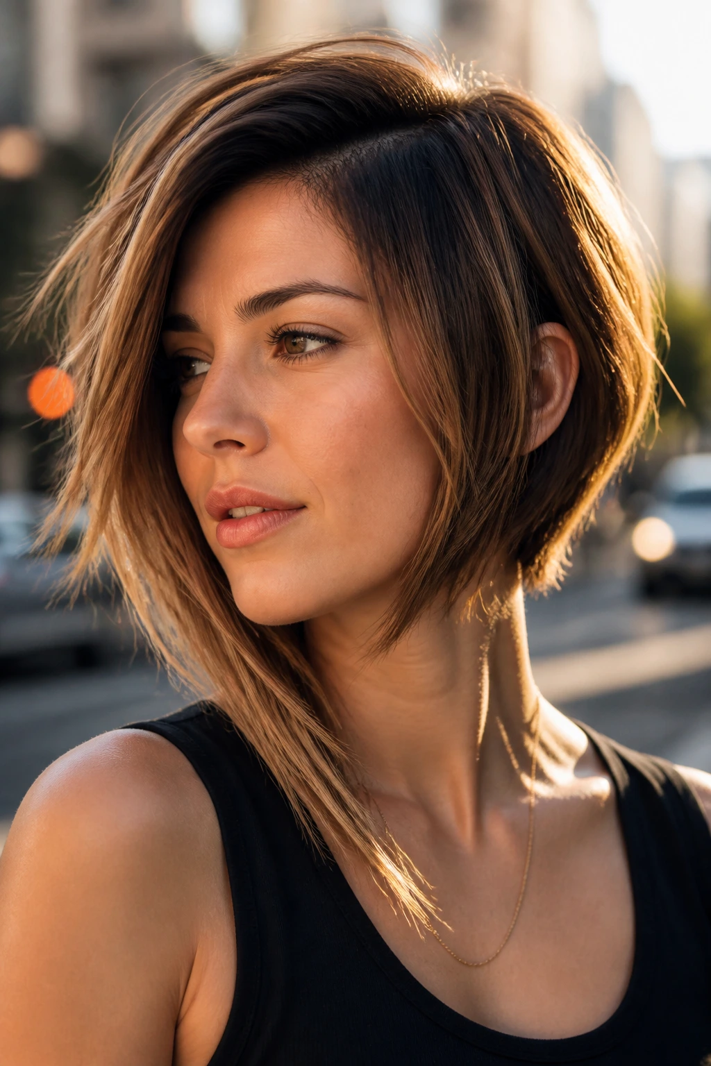 Close-up of real woman with razor-cut feathered ends asymmetrical bob