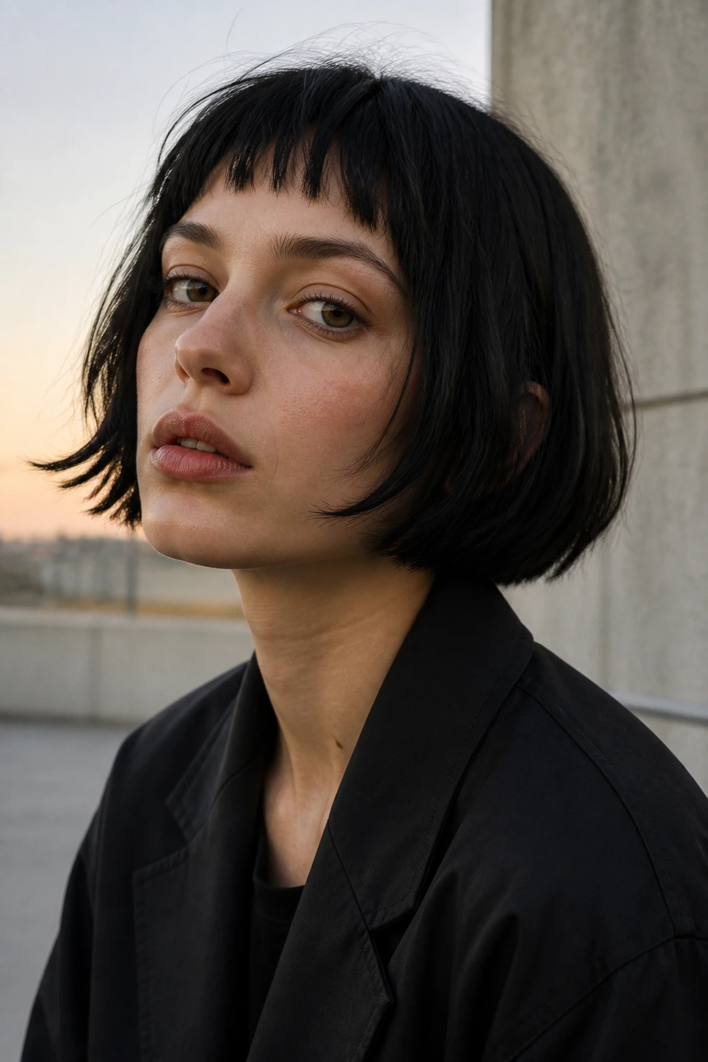 Portrait of a person with a razor-cut French bob and baby bangs.