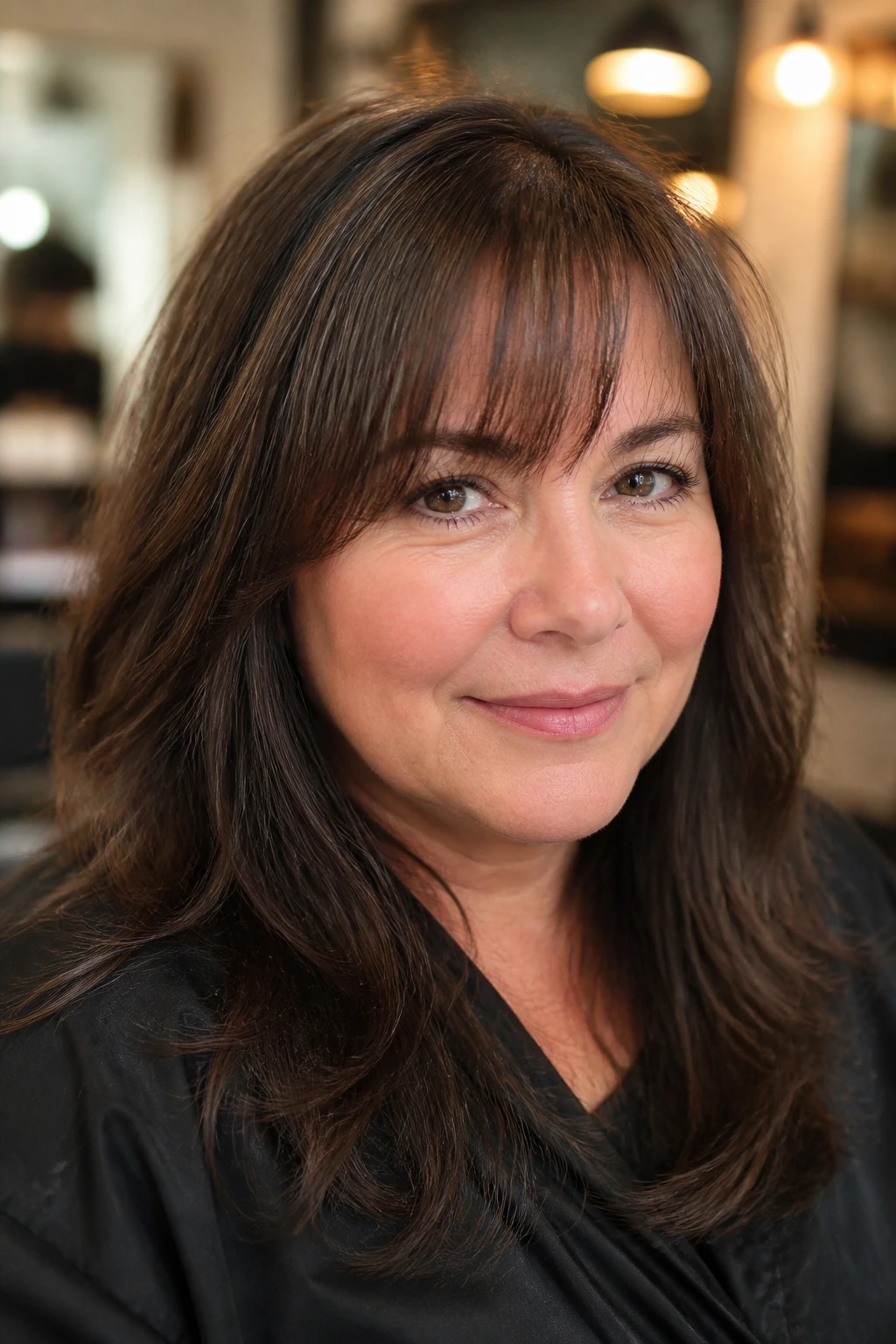 Close-up portrait of a real person with razored fringe reducing bulk in thick hair under warm salon lighting
