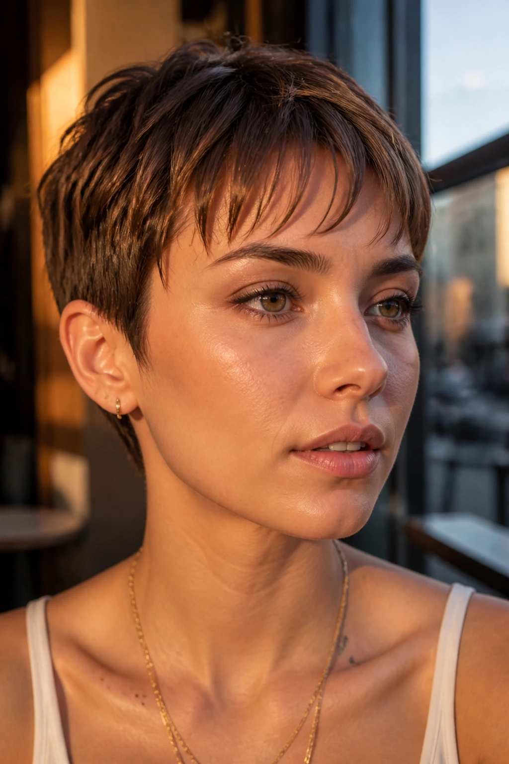 Close-up portrait of a person with razor fringe on a cropped crop, warm cafe window light.