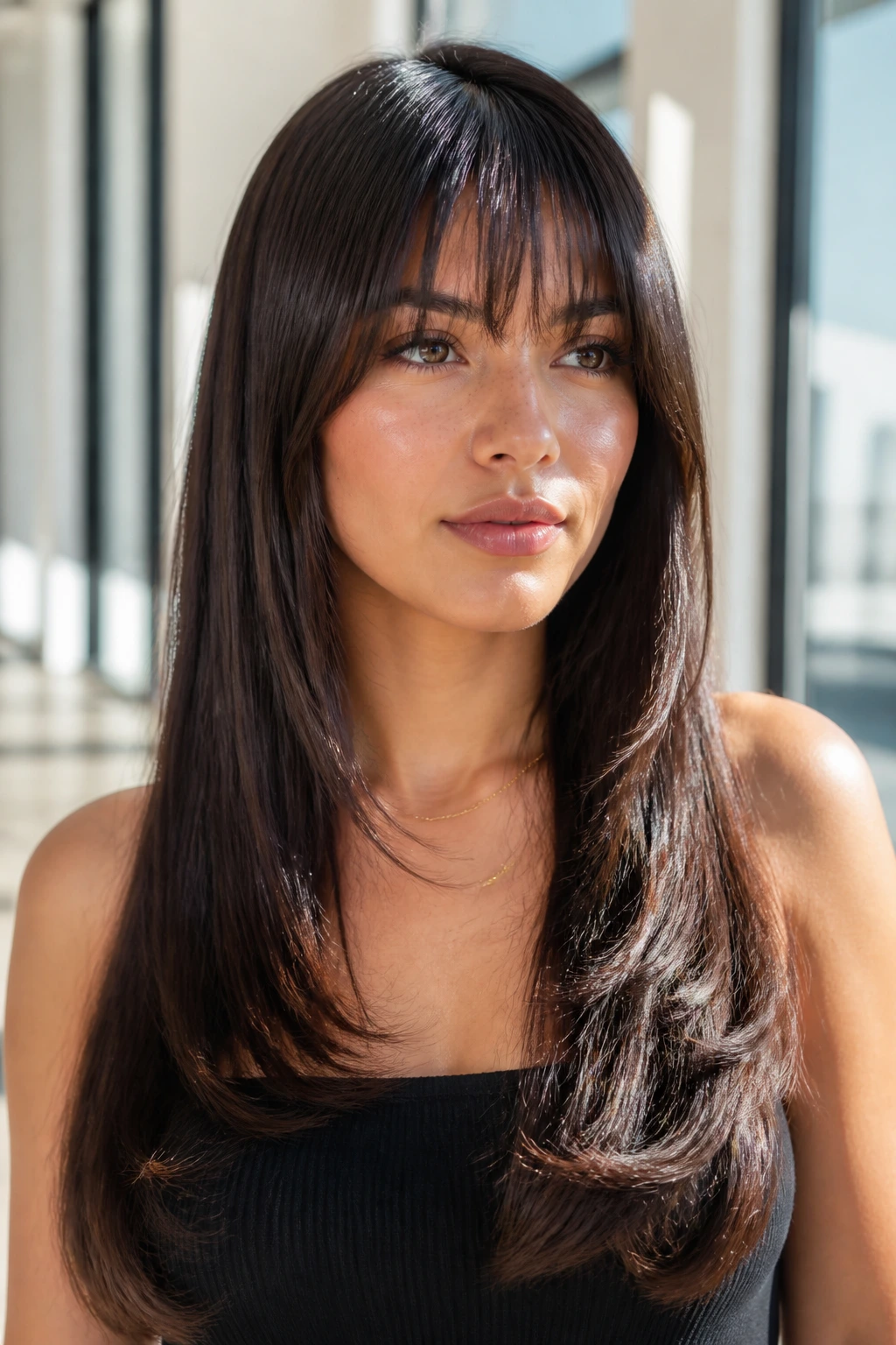 Close-up portrait of a real woman with a razored fringe and glossy ends in a bright hallway