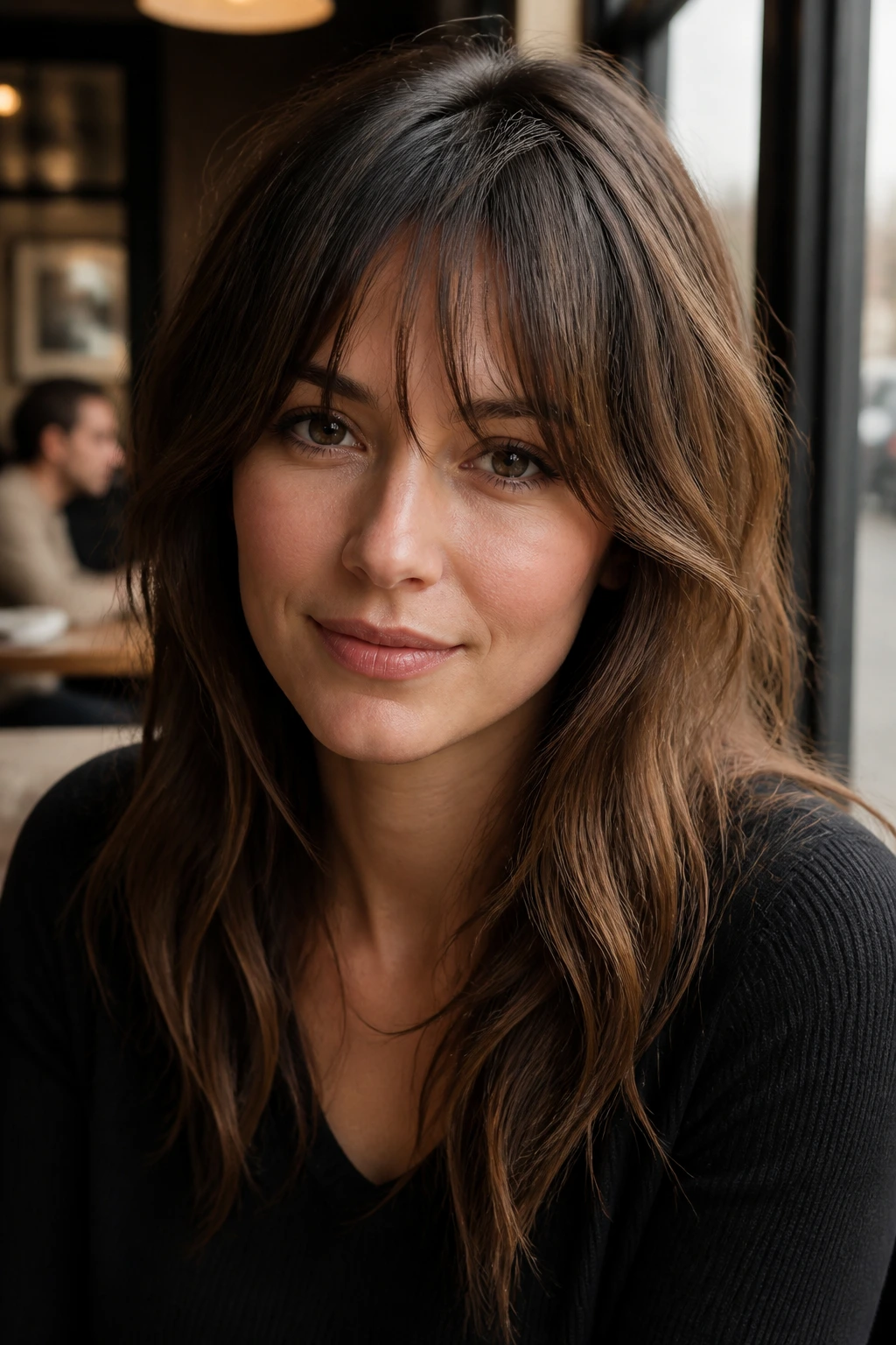 Close-up portrait of a real woman with razor-cut fringe and textured ends in a sunny cafe