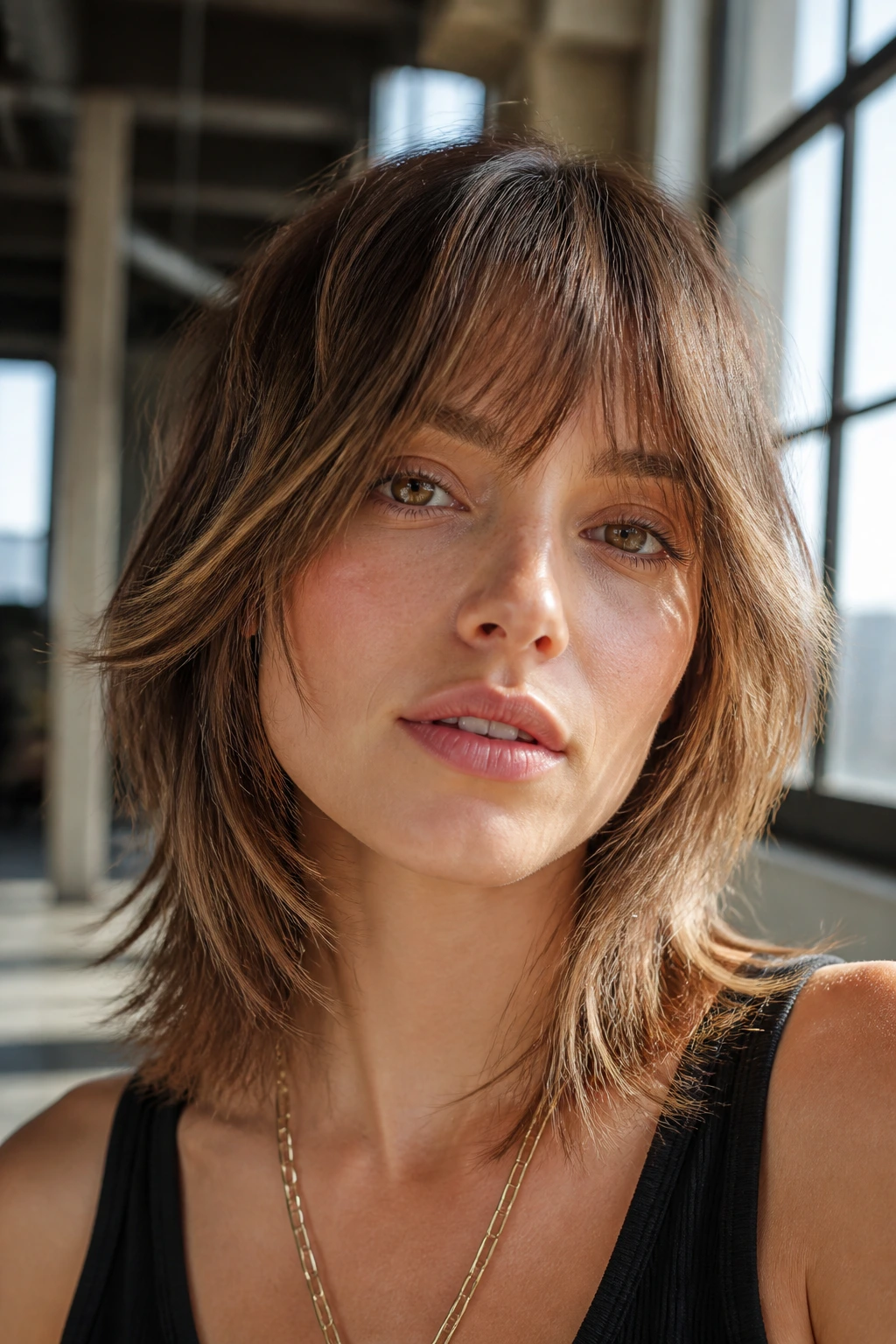 Close-up of a woman with razor-cut fringe and textured ends