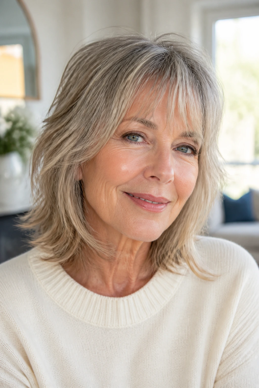 Close-up portrait of a real woman with razored layers for fine hair in sunlit room