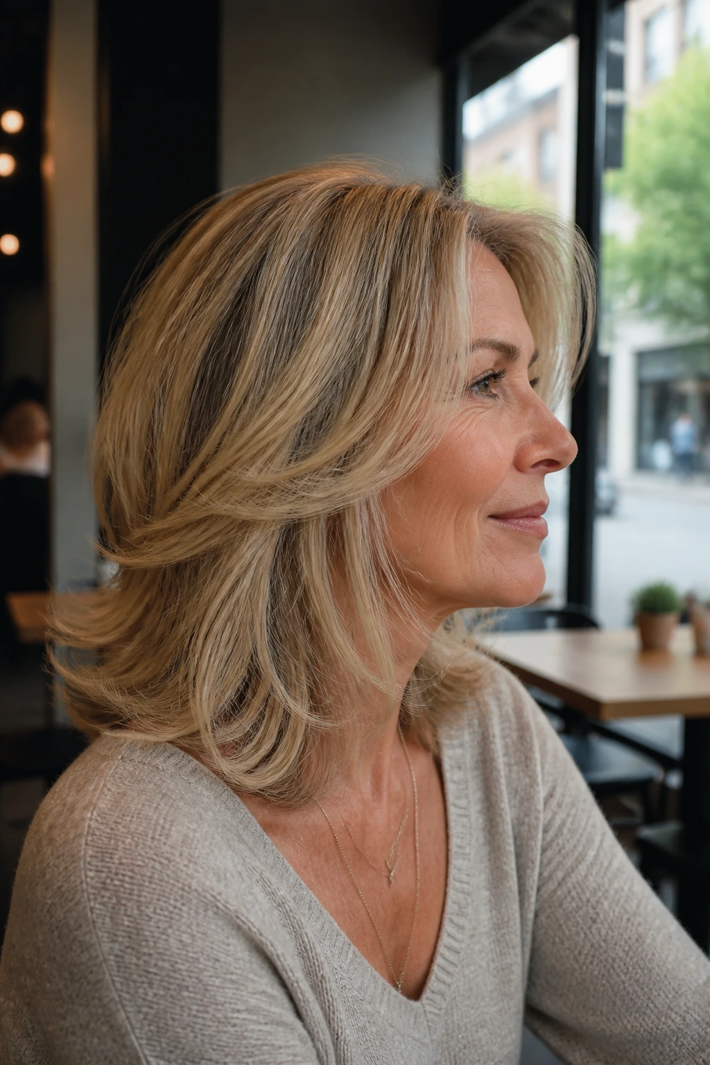 Side-profile of a real woman with razor-cut layers creating swing.