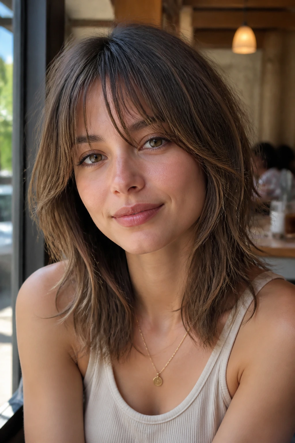 Portrait of a real woman with razor-cut mid-length layers and piecey curtain bangs