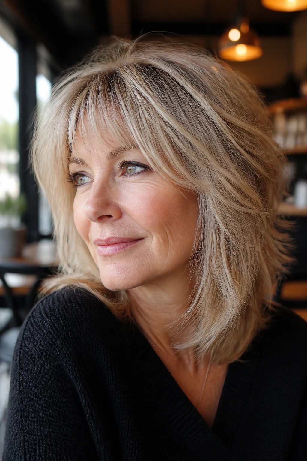 Portrait of a woman with razored layers and wispy fringe in a cafe setting.