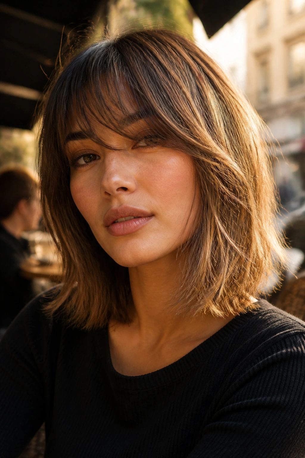 Close-up portrait of a real person with a razored lob and airy bangs.