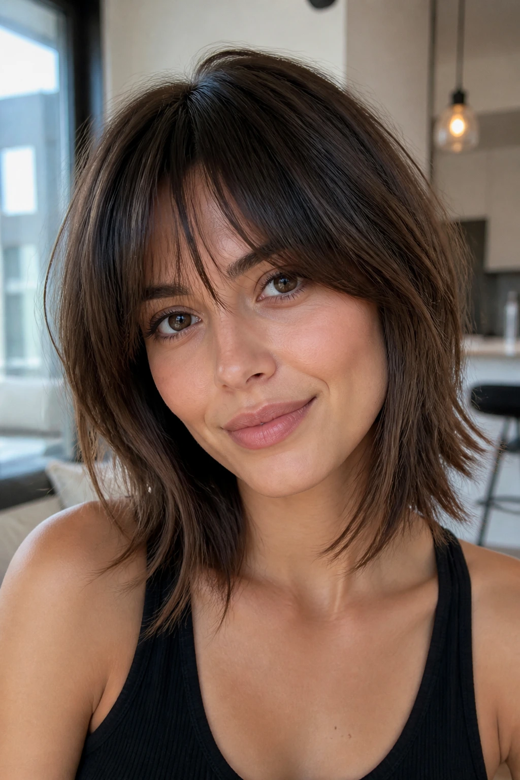 Portrait of a person with a razored lob and bottleneck bangs