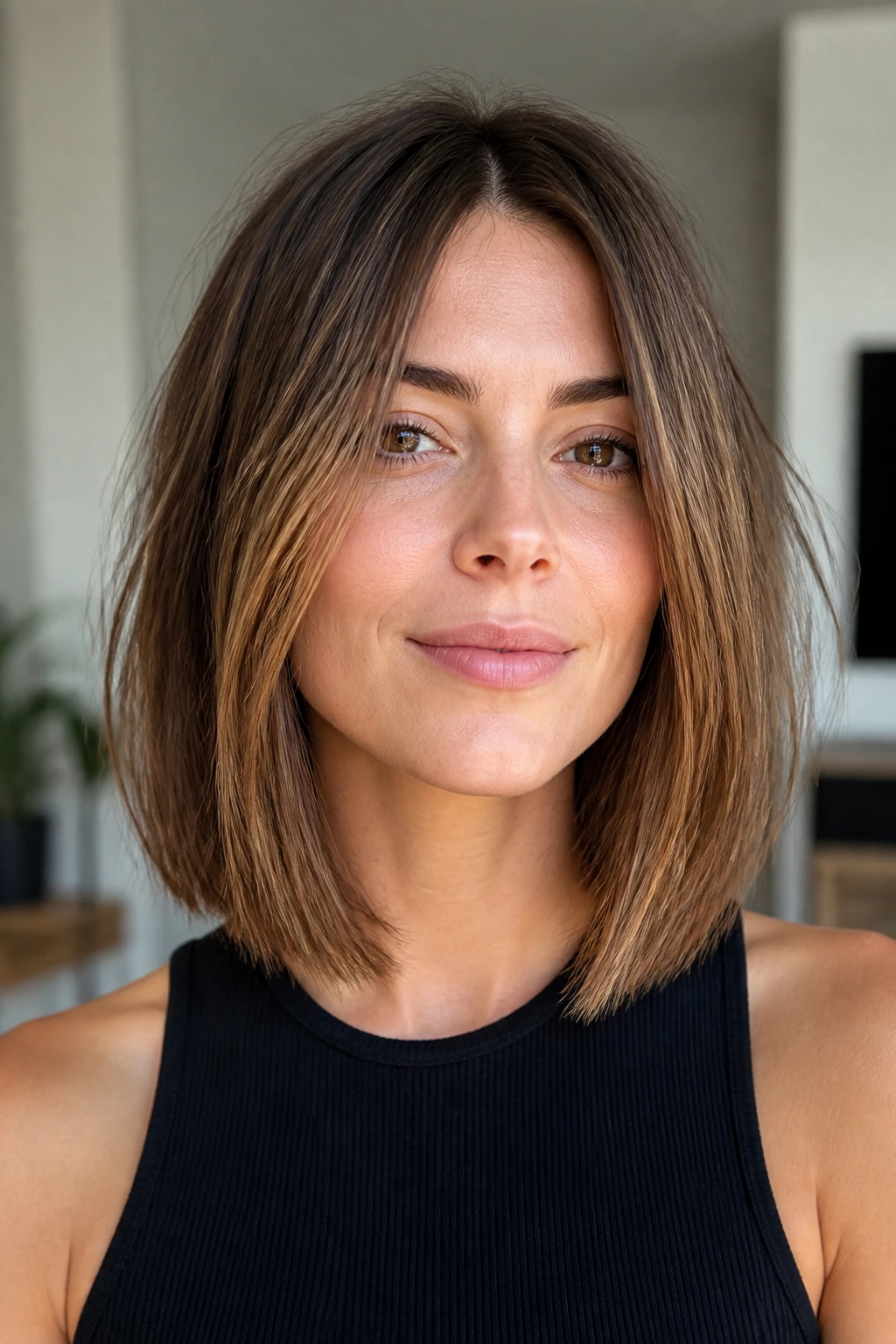 Close-up of a real woman with a lob and blunt hem showing inner razored layers.