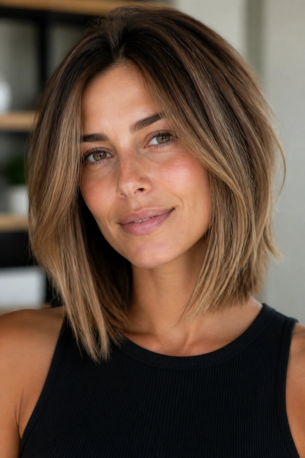 Close-up portrait of a woman with a lightly razored lob and feathered ends.