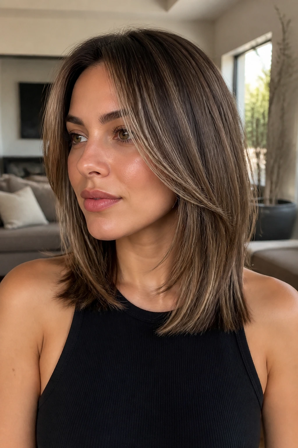Portrait of a woman with a razored lob and internal layers