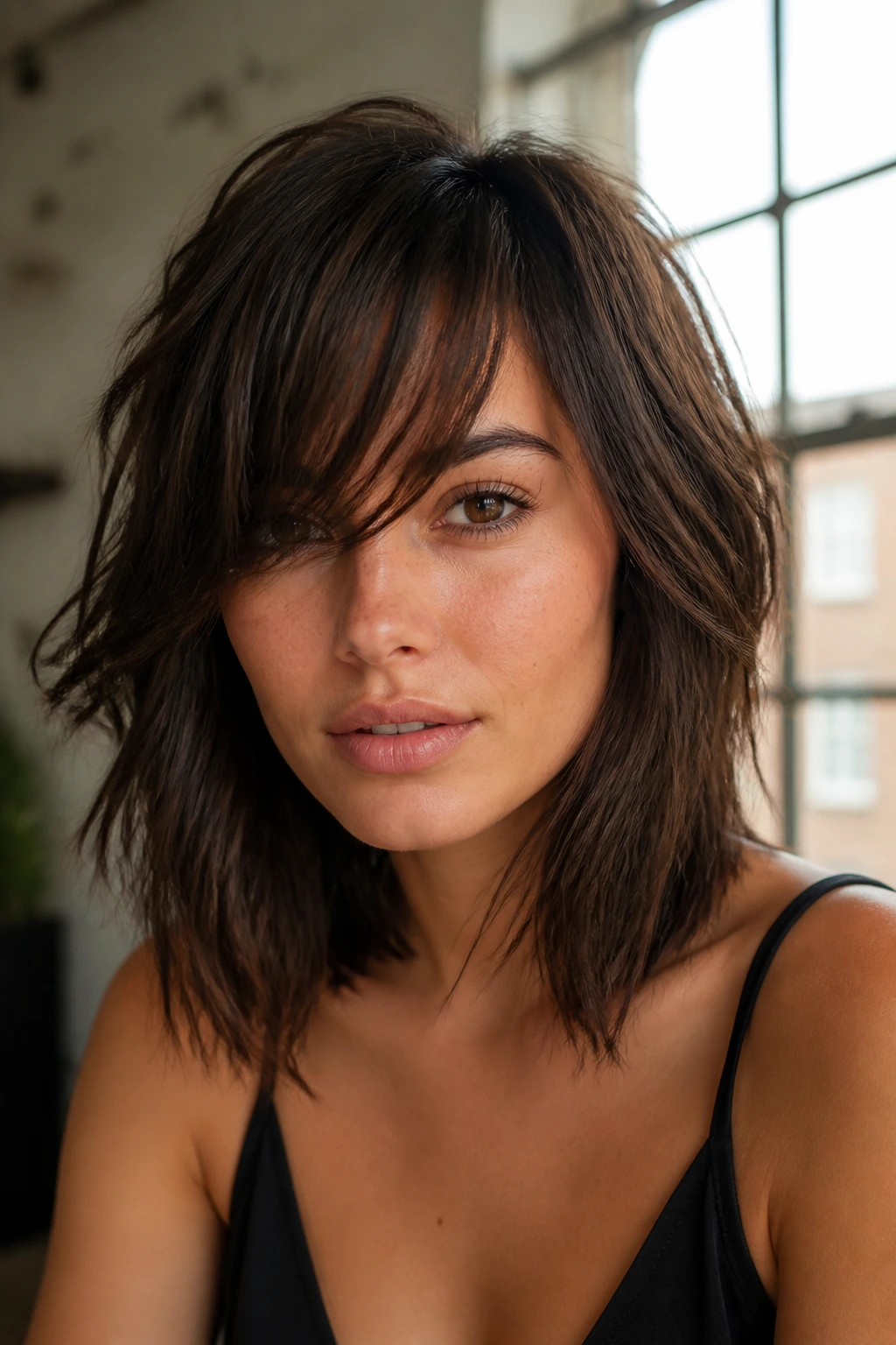 Close-up of a real woman with a razored lob and piecey side-swept fringe