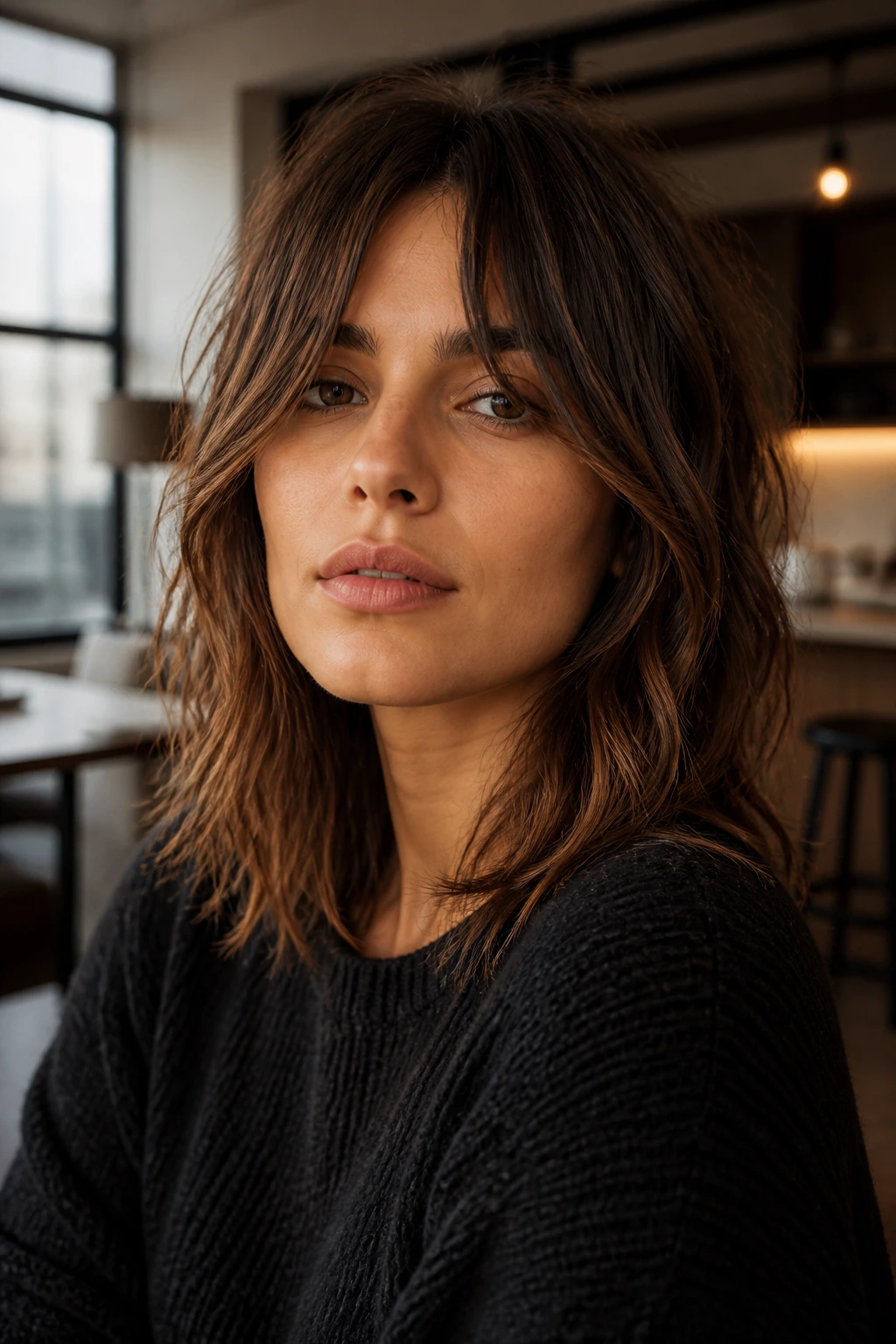 Close-up of a real person with choppy razored mid-length hair and center-part bangs