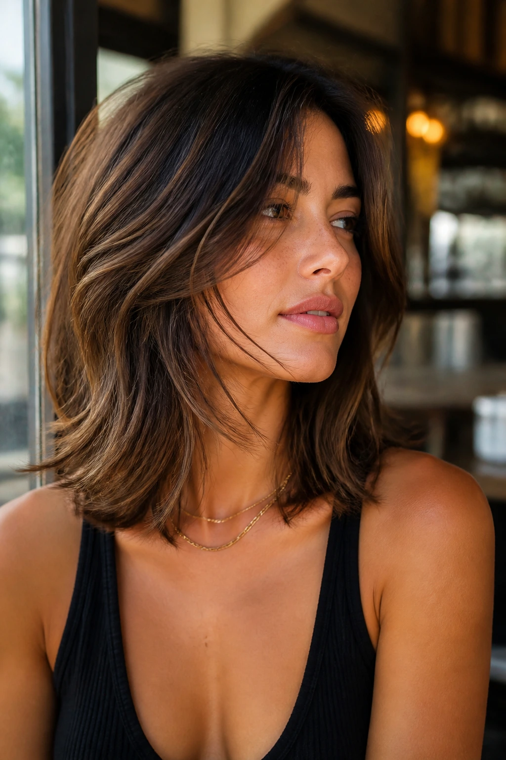 Close-up of real woman with razored mid-length cut and feathered ends in cafe window light
