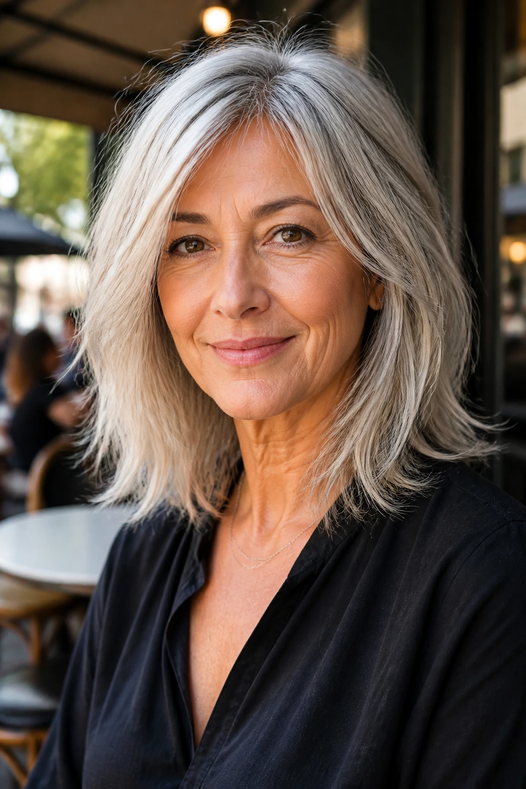 Portrait of a person with razored midi cut and piecey ends, gray hair texture