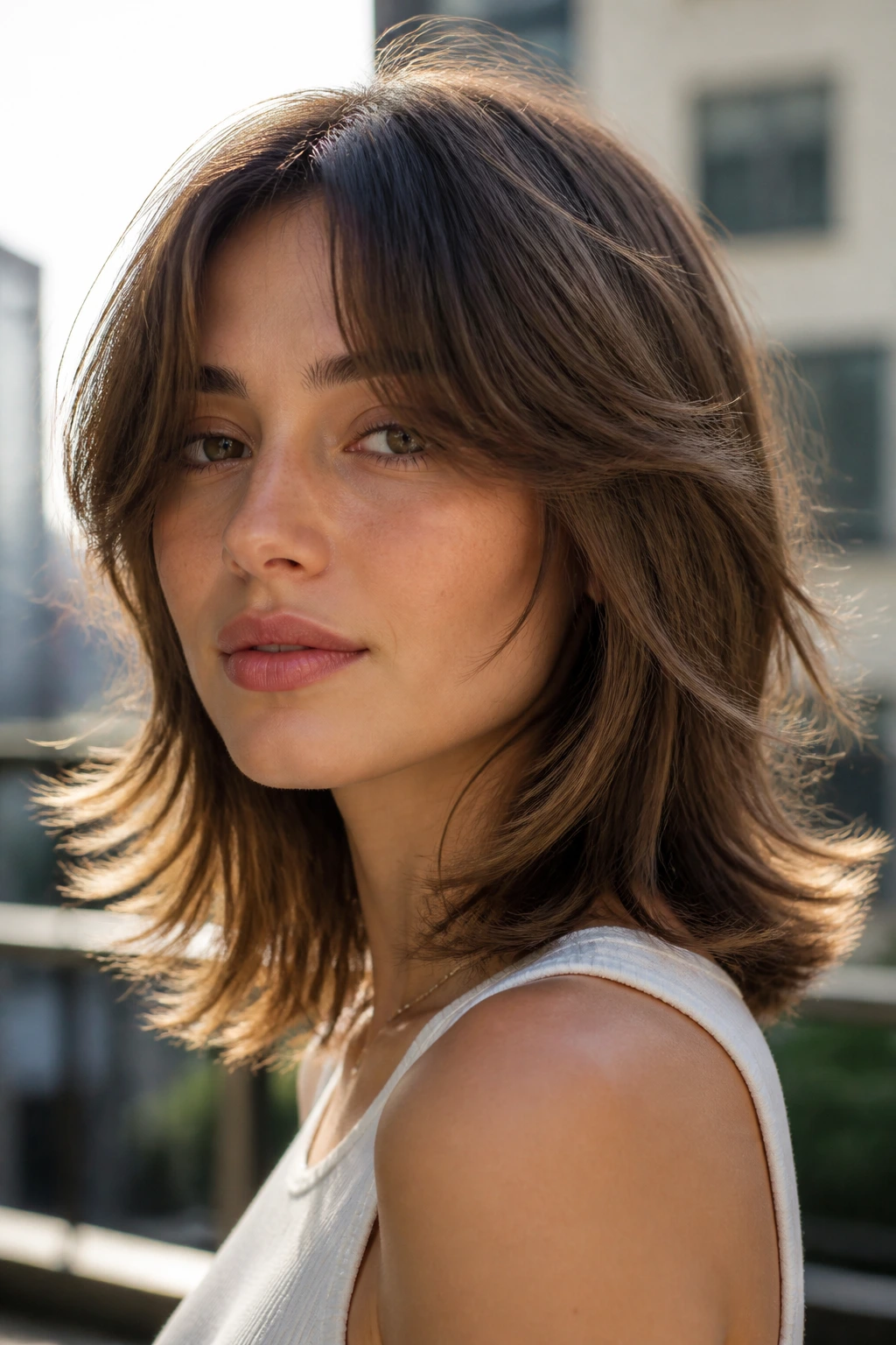 Close-up of a real person with a razored midi cut and tousled ends and curtain bangs