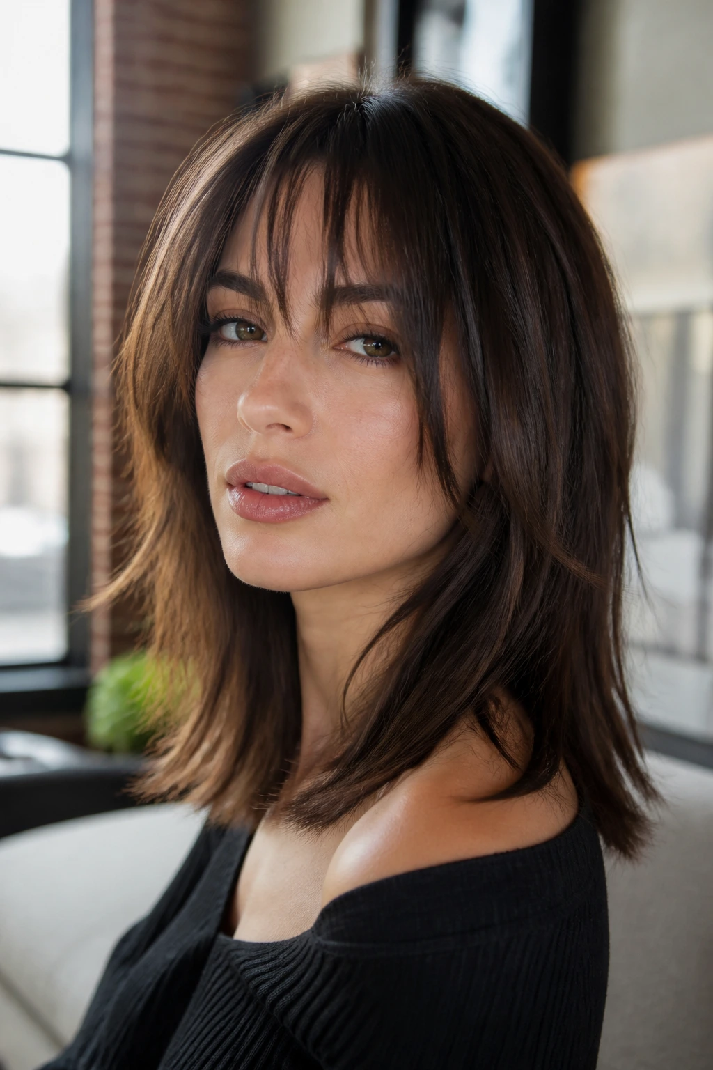 Close-up of a real woman with a razored mid-length cut and piecey bangs