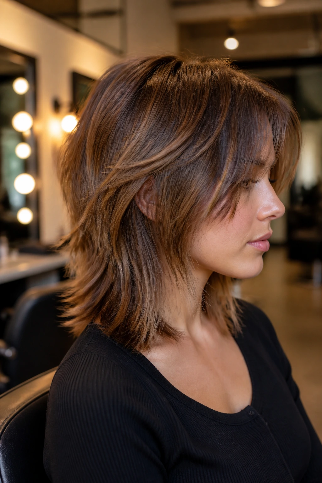Real person with razored midi shag showing texture at mid-length hair