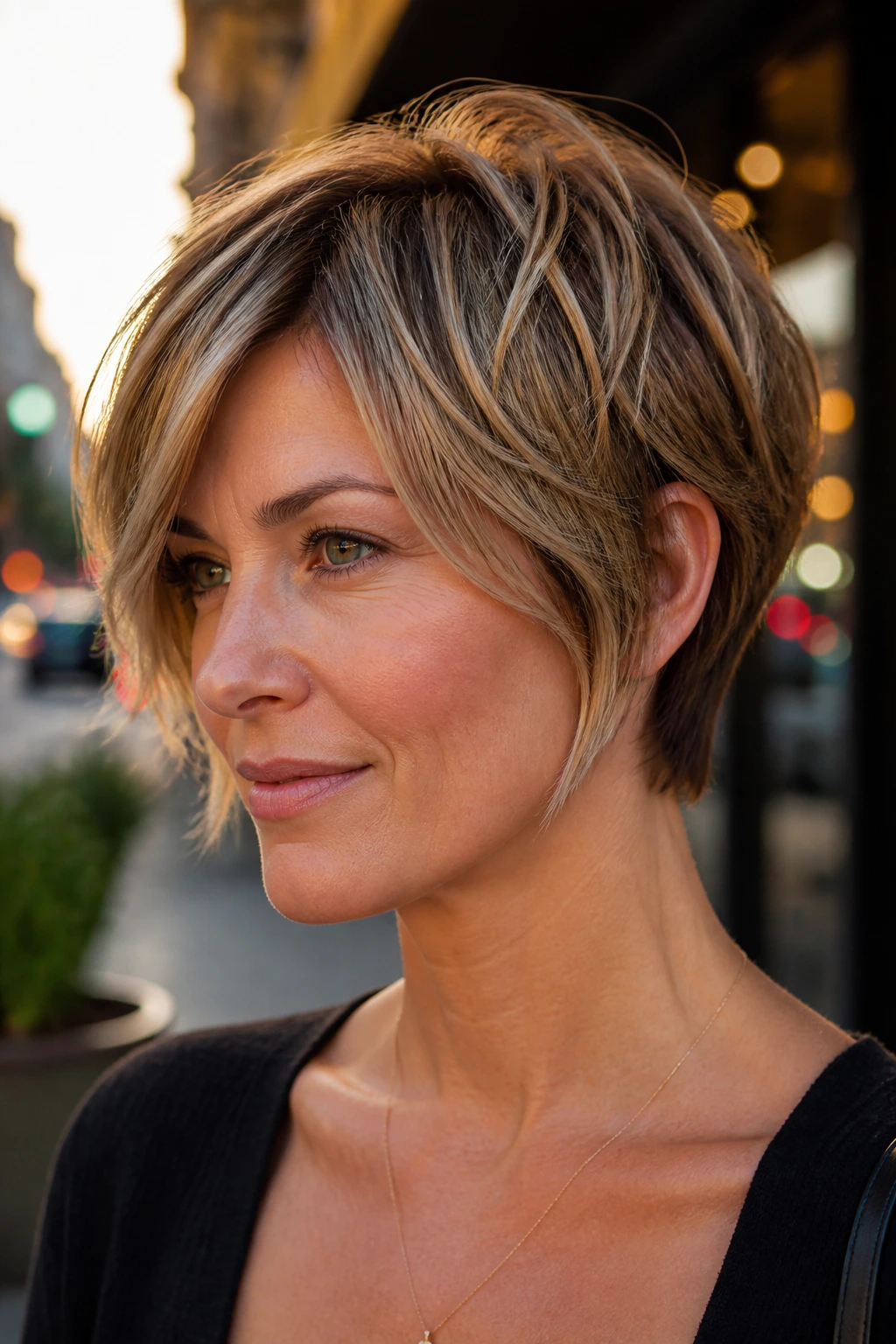 Portrait of a person with a razored pixie bob hybrid showing interior razor layers and longer front