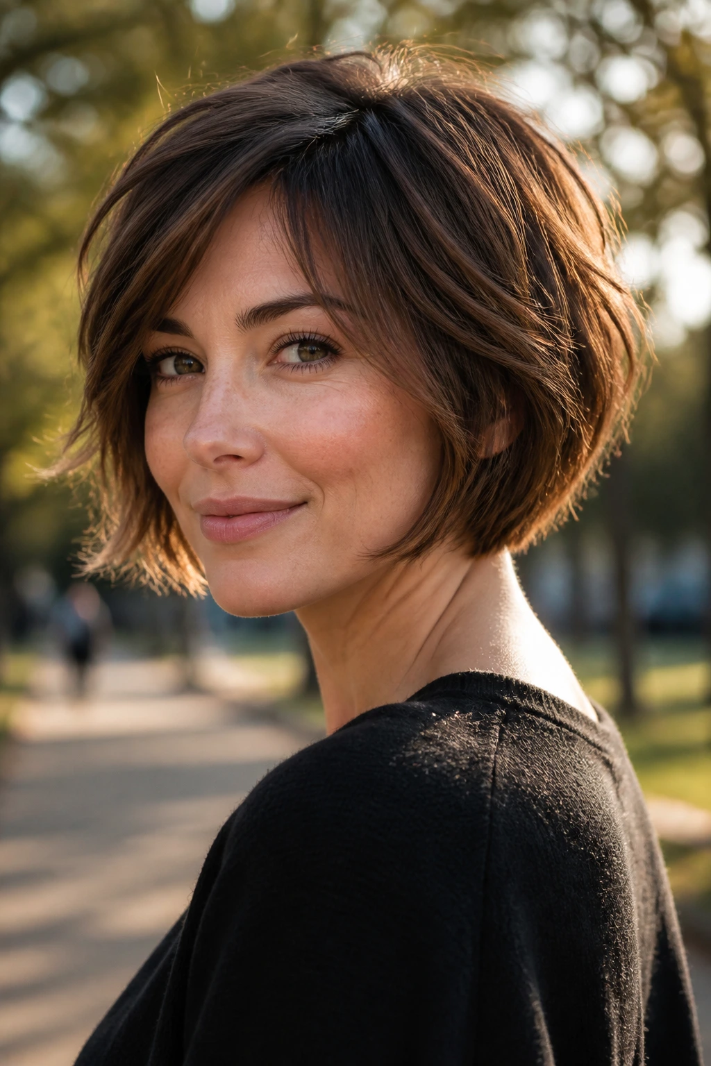 Real woman with razored pixie bob and airy ends, jawline emphasized.