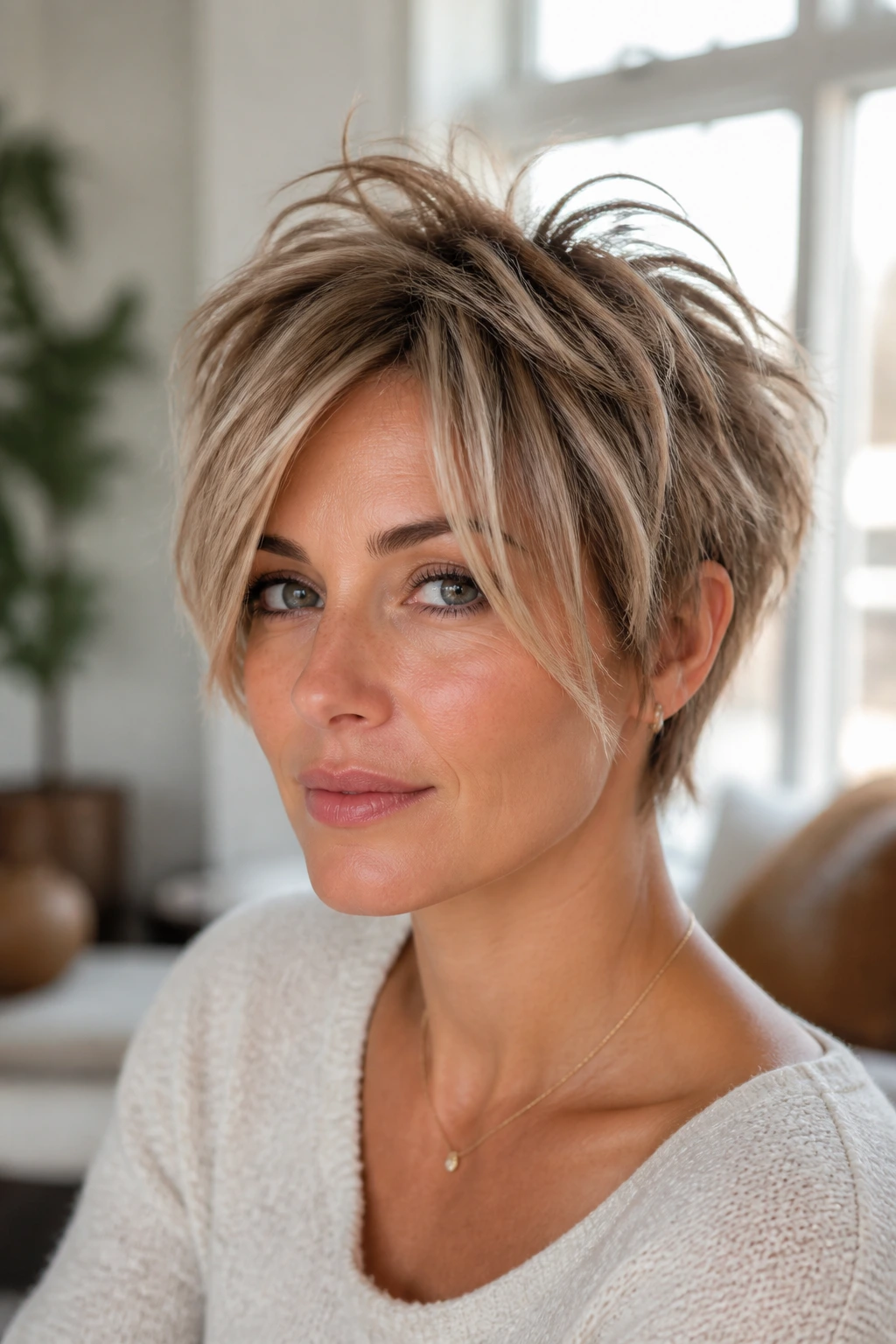 Close-up portrait of a real woman with Razored Pixie Shag and long curtain bangs