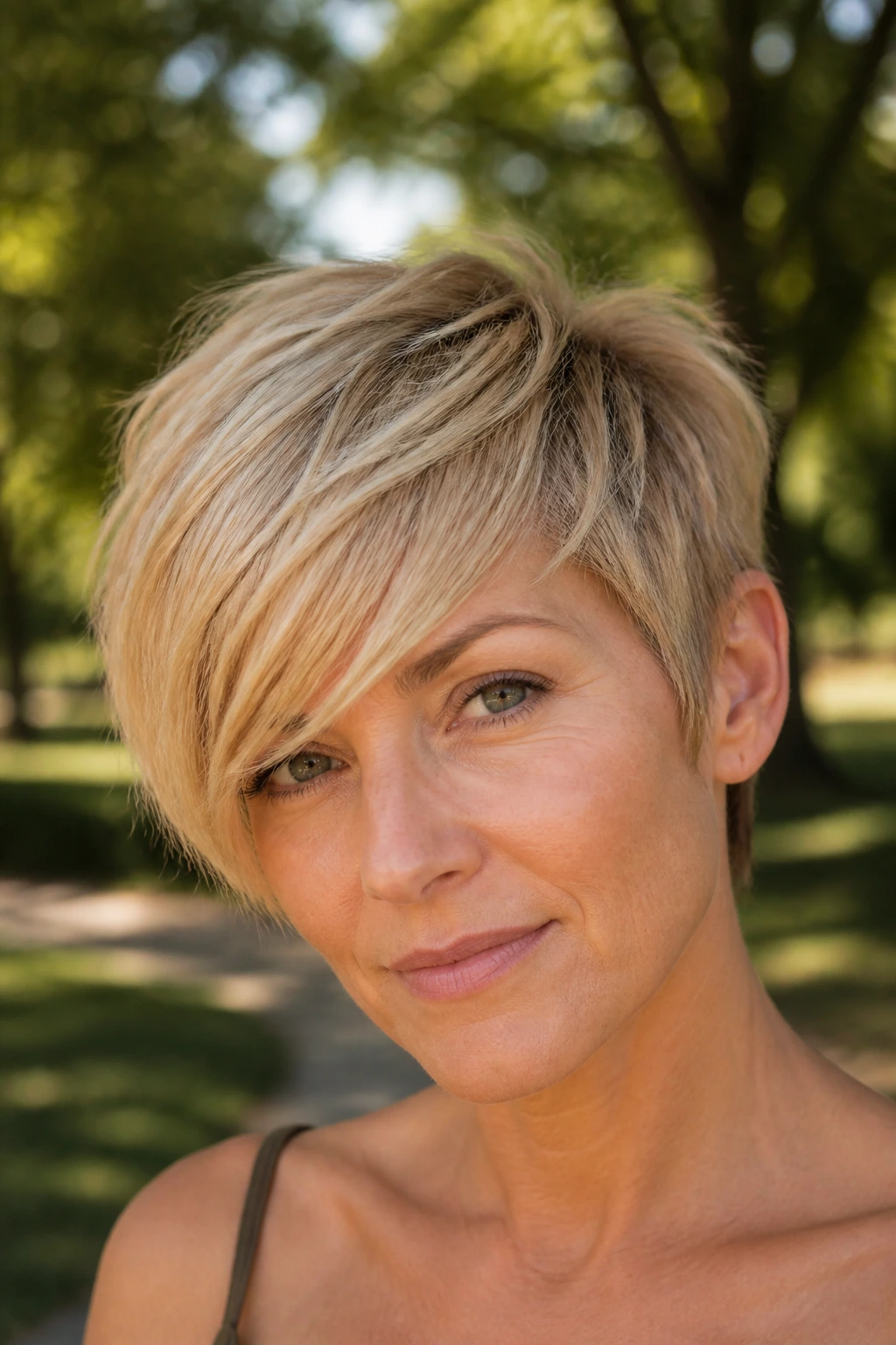 Close-up of a real woman with Razored Pixie with Sweeping Fringe showing lift and texture.