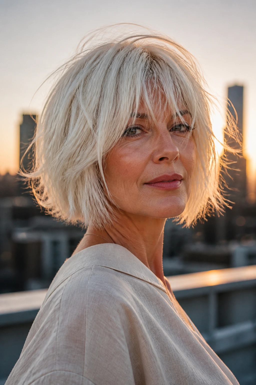 Real woman with razored platinum bob and airy texture on a rooftop at golden hour